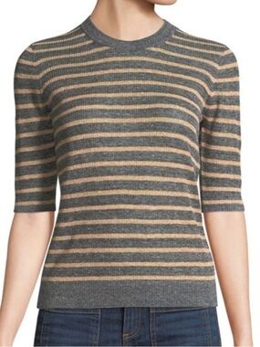 Veronica Beard Jeans Dean Striped Linen Crewneck Sweater Gray Peach Large